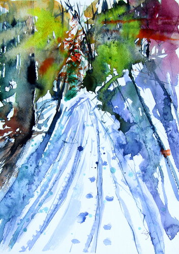 Snowy road in the woods di Anna Brigitta Kovacs, Pittura in vendita su Singulart