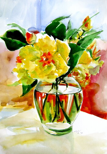 Still life with yellow flowers von Anna Brigitta Kovacs, Malerei kaufen auf Singulart