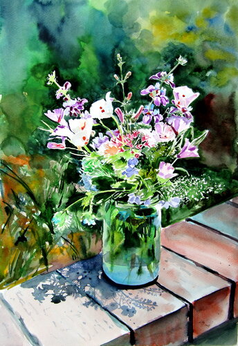 Still life with wildflowers in the garden di Anna Brigitta Kovacs, Pittura in vendita su Singulart
