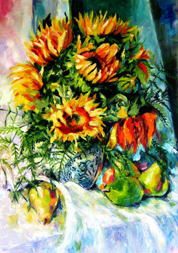 Still life with sunflowers and fruits von Anna Brigitta Kovacs, Malerei kaufen auf Singulart
