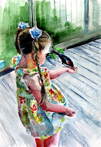 Feeding the bird de Anna Brigitta Kovacs, Pintura a la venta en Singulart