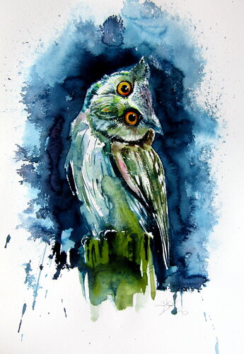Owl watching at night van Anna Brigitta Kovacs, Schilderij te koop op Singulart