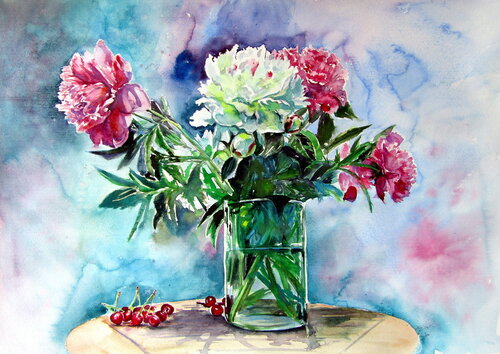 Still life with peony and cherry Anna Brigitta Kovacs