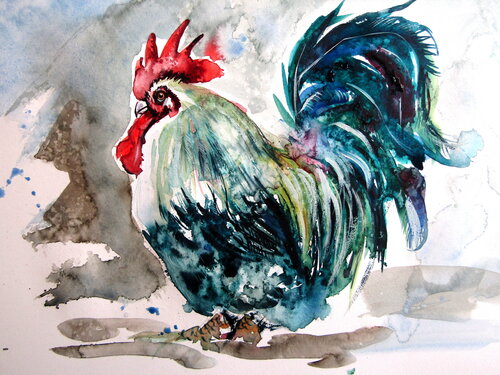 Rooster in the yard III von Anna Brigitta Kovacs, Malerei kaufen auf Singulart