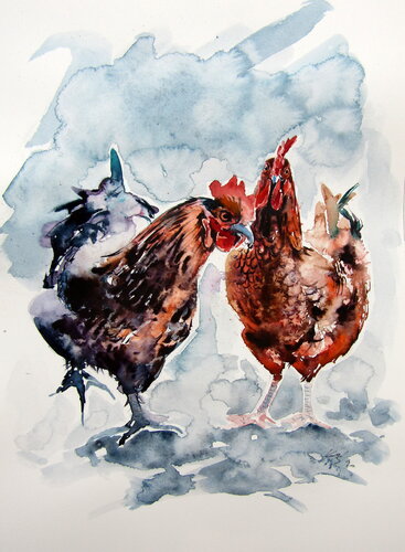 Young rooster and hen von Anna Brigitta Kovacs, Malerei kaufen auf Singulart