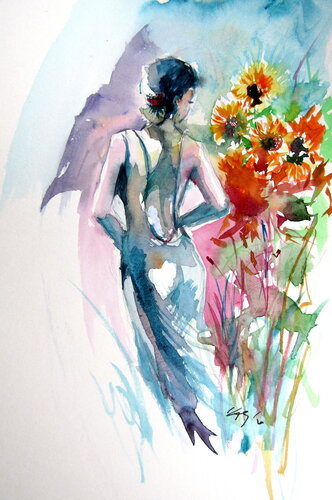Girl with sunflowers di Anna Brigitta Kovacs, Pittura in vendita su Singulart