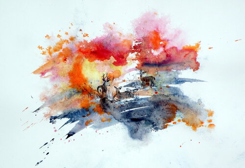 Deer in the fall II by Anna Brigitta Kovacs, Painting for Sale on Singulart