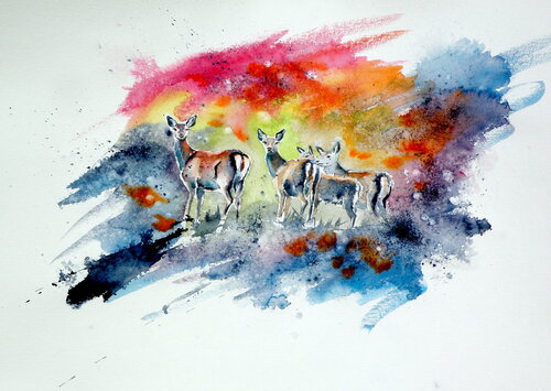 Deer on the field von Anna Brigitta Kovacs, Malerei kaufen auf Singulart