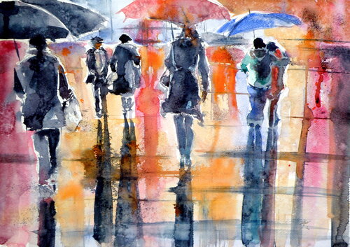 People in rain di Anna Brigitta Kovacs, Pittura in vendita su Singulart