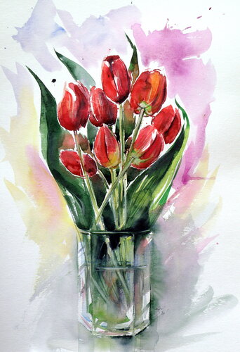 Still life with tulips di Anna Brigitta Kovacs, Pittura in vendita su Singulart