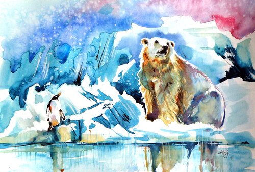 Polar bear and penguin di Anna Brigitta Kovacs, Pittura in vendita su Singulart