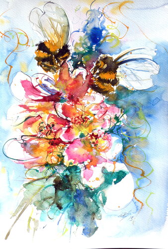Bumblebees on flower von Anna Brigitta Kovacs, Malerei kaufen auf Singulart