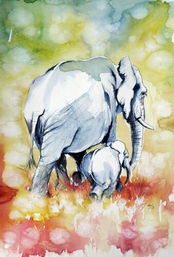 Elephant with baby van Anna Brigitta Kovacs, Schilderij te koop op Singulart