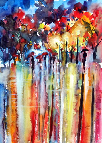 Red umbrellas at night von Anna Brigitta Kovacs, Malerei kaufen auf Singulart