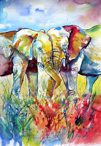 Colorful elephants in love di Anna Brigitta Kovacs, Pittura in vendita su Singulart