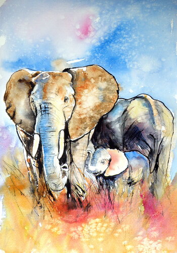Elephant family von Anna Brigitta Kovacs, Malerei kaufen auf Singulart