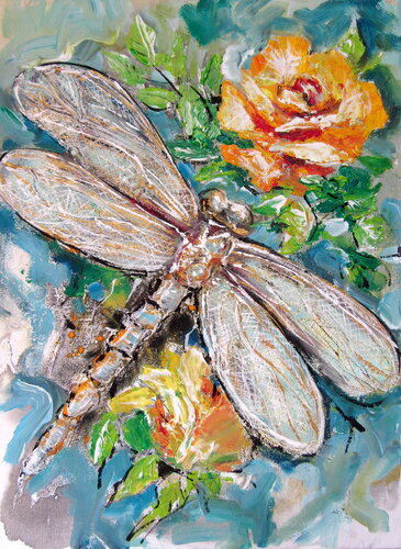 Dragonfly with rose van Anna Brigitta Kovacs, Schilderij te koop op Singulart