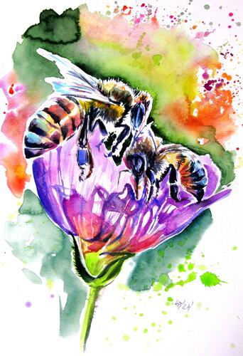 Bees and flowers II van Anna Brigitta Kovacs, Schilderij te koop op Singulart