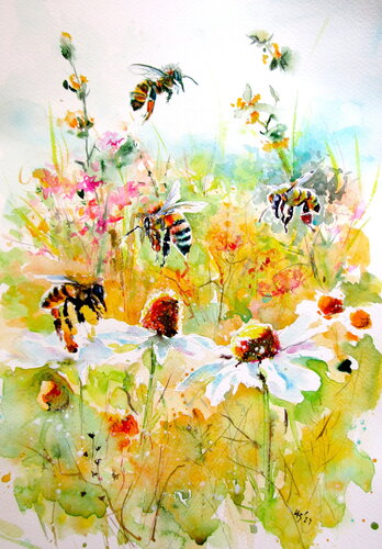 Bees and flowers IV von Anna Brigitta Kovacs, Malerei kaufen auf Singulart