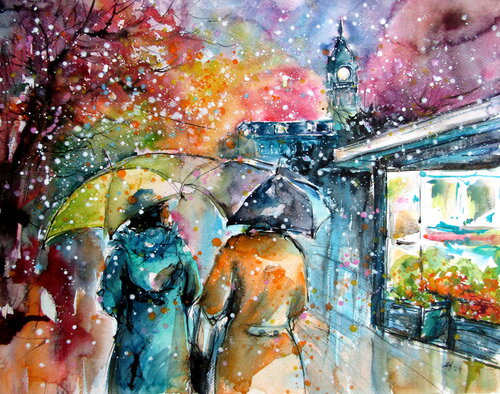Snowy day in the city di Anna Brigitta Kovacs, Pittura in vendita su Singulart