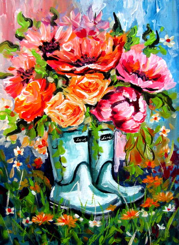 Flowers with rubber boots par Anna Brigitta Kovacs, Peinture en vente sur Singulart
