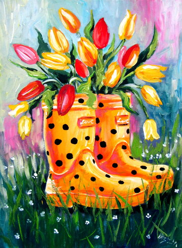 Tulipss with rubber boots par Anna Brigitta Kovacs, Peinture en vente sur Singulart
