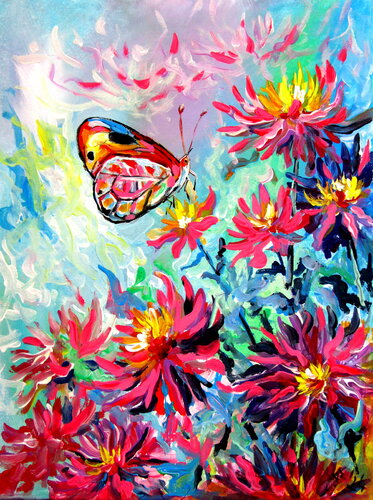 Dahlia flowers with butterfly de Anna Brigitta Kovacs, Pintura a la venta en Singulart