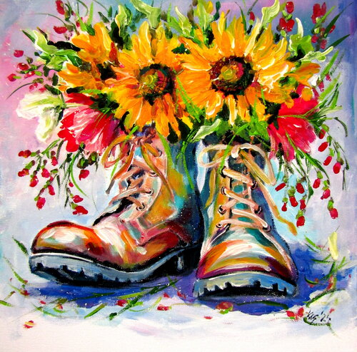 Flowers with boots par Anna Brigitta Kovacs, Peinture en vente sur Singulart