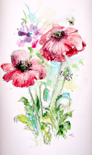 Red poppies with bee von Anna Brigitta Kovacs, Malerei kaufen auf Singulart