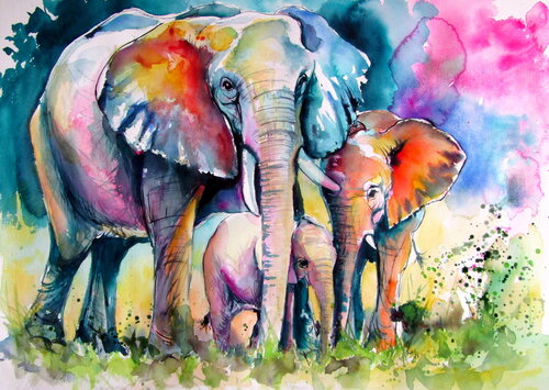 Elephant with babies II van Anna Brigitta Kovacs, Schilderij te koop op Singulart