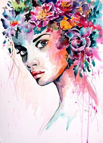 Girl with florals of summer van Anna Brigitta Kovacs, Schilderij te koop op Singulart