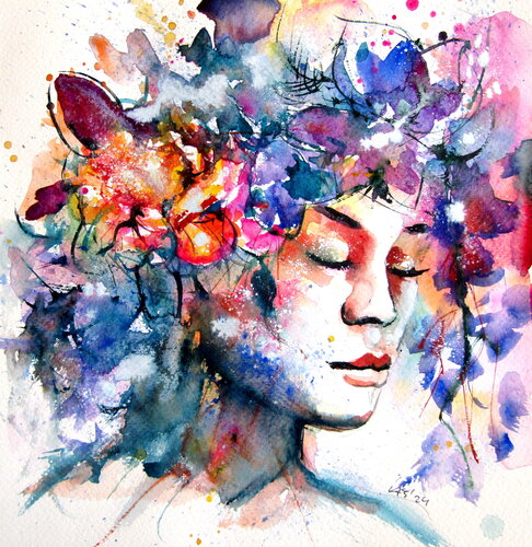 Girl with florals of summer II van Anna Brigitta Kovacs, Schilderij te koop op Singulart