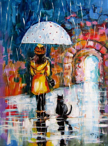 Girl with cat in the rain van Anna Brigitta Kovacs, Schilderij te koop op Singulart