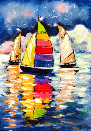Sailboat with gold and silver di Anna Brigitta Kovacs, Pittura in vendita su Singulart