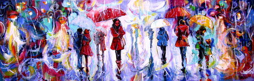 Rain, people and umbrellas III van Anna Brigitta Kovacs, Schilderij te koop op Singulart