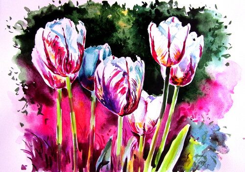 Tulips in the garden by Anna Brigitta Kovacs, Painting for Sale on Singulart