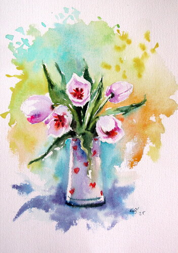 Purple tulips di Anna Brigitta Kovacs, Pittura in vendita su Singulart