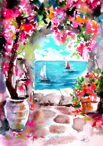 Seascape with sailboats van Anna Brigitta Kovacs, Schilderij te koop op Singulart