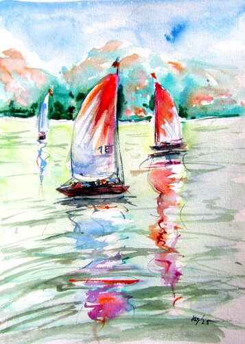Sailboats together van Anna Brigitta Kovacs, Schilderij te koop op Singulart