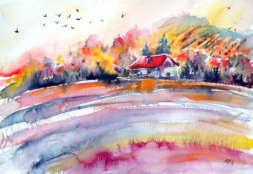 Farm in autumn par Anna Brigitta Kovacs, Peinture en vente sur Singulart