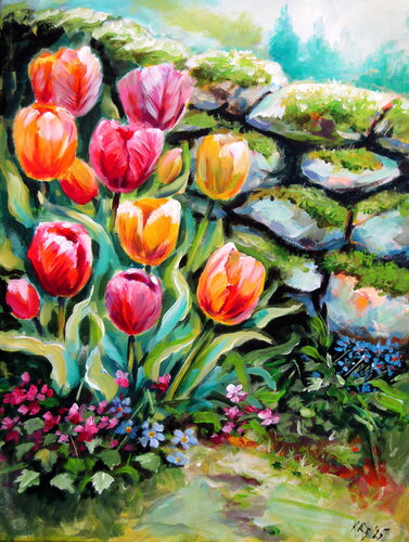 Tulips in the garden di Anna Brigitta Kovacs, Pittura in vendita su Singulart