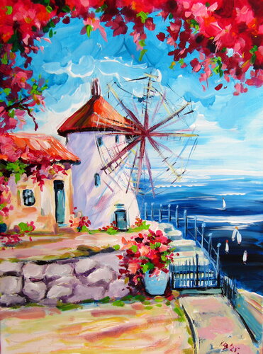 Seascape with mill di Anna Brigitta Kovacs, Pittura in vendita su Singulart