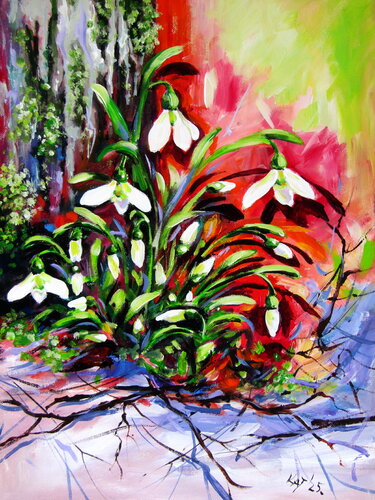 Snowdrops in the forest de Anna Brigitta Kovacs, Pintura a la venta en Singulart