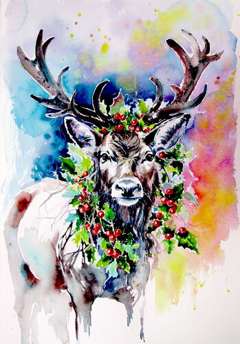 Deer with holly branch di Anna Brigitta Kovacs, Pittura in vendita su Singulart