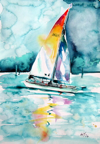 Sailboat on Balaton van Anna Brigitta Kovacs, Schilderij te koop op Singulart