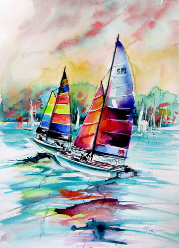 Sailboats on Balaton di Anna Brigitta Kovacs, Pittura in vendita su Singulart