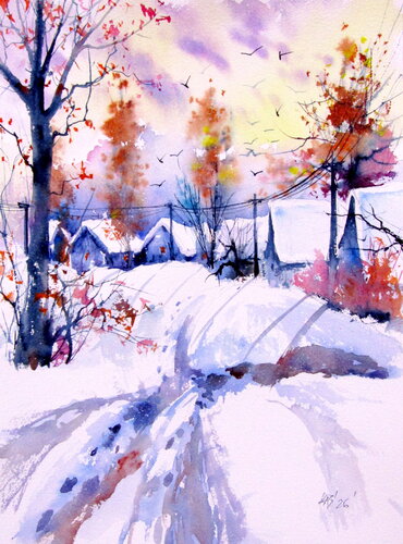 Snowy lvillage serenity di Anna Brigitta Kovacs, Pittura in vendita su Singulart