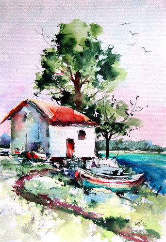 House with boats par Anna Brigitta Kovacs, Peinture en vente sur Singulart
