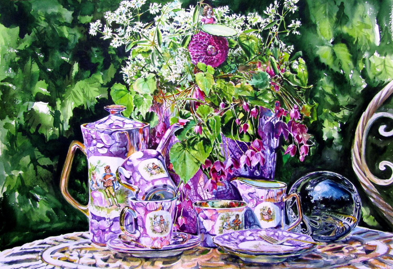 Still life with tea set in the garden Anna Brigitta Kovacs Originalgemälde zu verkaufen