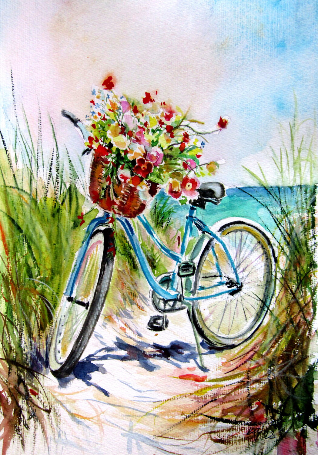 Colorful wildflowers bouyuet with bycicle Anna Brigitta Kovacs Dipinto originale in vendita